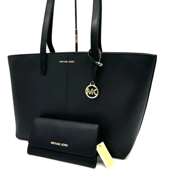 Michael Kors Medium Jet Set Travel Zip Tote Bag & Trifold Wallet Black/Gold